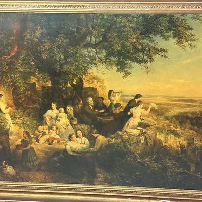 European Pastoral Scene Print in Ornate Gilt Frame