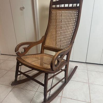 Wood Cane Seat Rocking Chair with Curved Arms