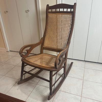 Wood Cane Seat Rocking Chair with Curved Arms