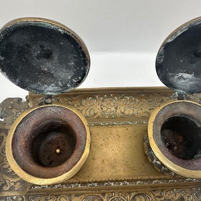 Ornate Cast Metal Double Inkwell Ink Holder
