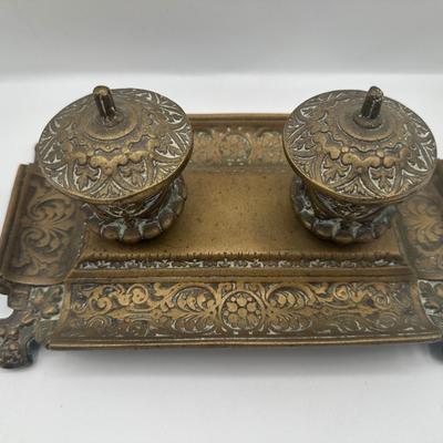 Ornate Cast Metal Double Inkwell Ink Holder