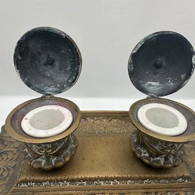 Ornate Cast Metal Double Inkwell Ink Holder