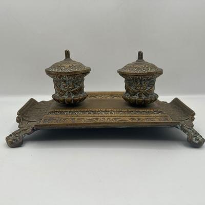 Ornate Cast Metal Double Inkwell Ink Holder