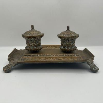 Ornate Cast Metal Double Inkwell Ink Holder