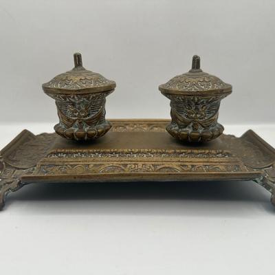 Ornate Cast Metal Double Inkwell Ink Holder