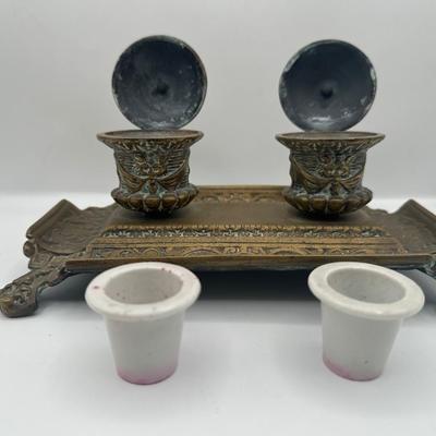 Ornate Cast Metal Double Inkwell Ink Holder