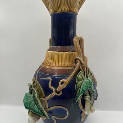 Sarreguemines Majolica Vase with Molded Vine & Leaf Decoration