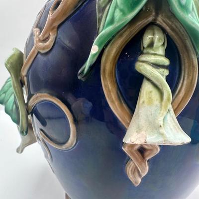 Sarreguemines Majolica Vase with Molded Vine & Leaf Decoration