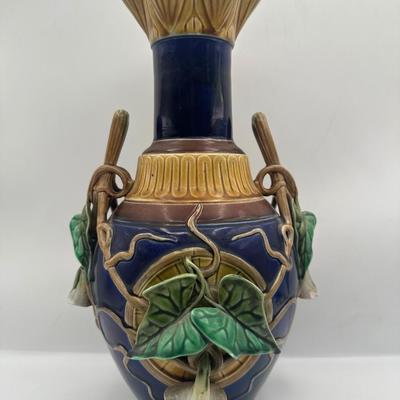 Sarreguemines Majolica Vase with Molded Vine & Leaf Decoration