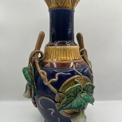 Sarreguemines Majolica Vase with Molded Vine & Leaf Decoration