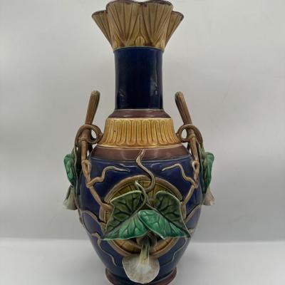 Sarreguemines Majolica Vase with Molded Vine & Leaf Decoration