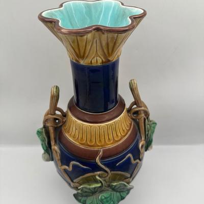 Sarreguemines Majolica Vase with Molded Vine & Leaf Decoration