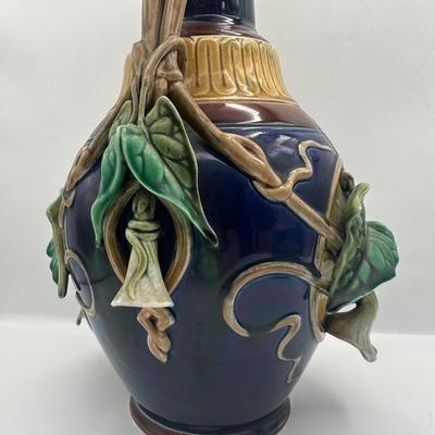 Sarreguemines Majolica Vase with Molded Vine & Leaf Decoration