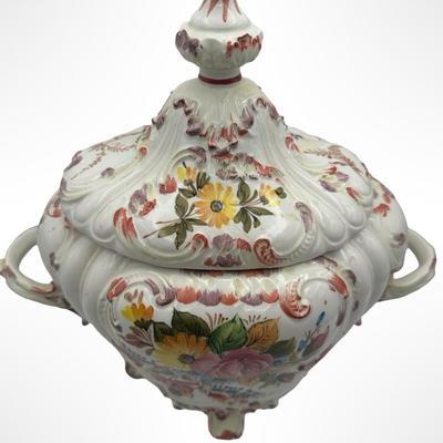 Italian Porcelain Floral Lidded Tureen with Matching Oval Platter