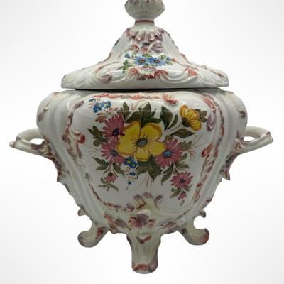 Italian Porcelain Floral Lidded Tureen with Matching Oval Platter