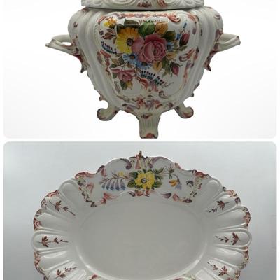 Italian Porcelain Floral Lidded Tureen with Matching Oval Platter