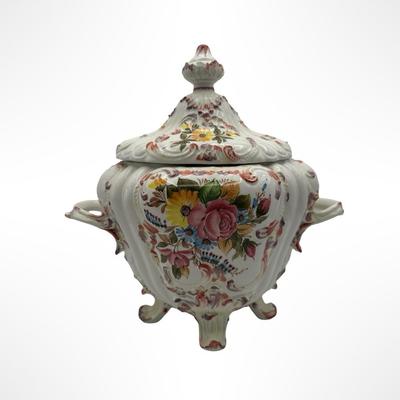 Italian Porcelain Floral Lidded Tureen with Matching Oval Platter