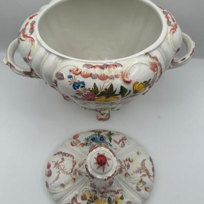 Italian Porcelain Floral Lidded Tureen with Matching Oval Platter