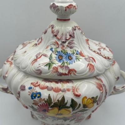 Italian Porcelain Floral Lidded Tureen with Matching Oval Platter