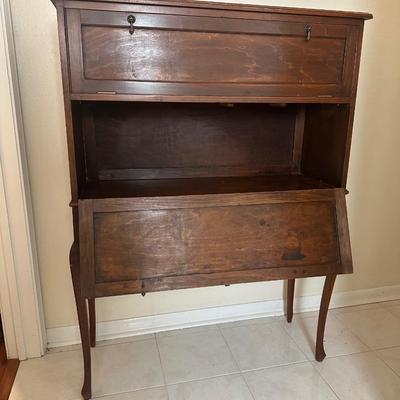 Vintage Two-Tier Drop-Front Wood Cabinet on Cabriole Legs