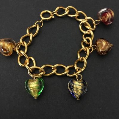 Beautiful, vintage, goldtone glass, heart charm bracelet