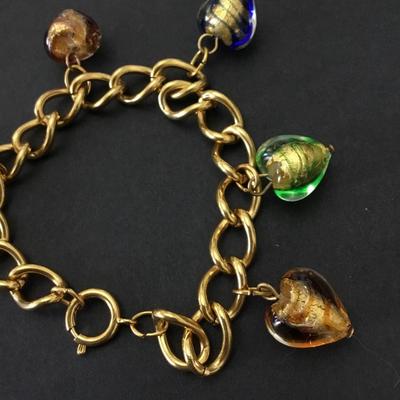 Beautiful, vintage, goldtone glass, heart charm bracelet
