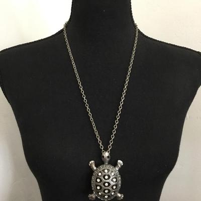Large vintage, Silver tone, rhinestone turtle statement, necklace