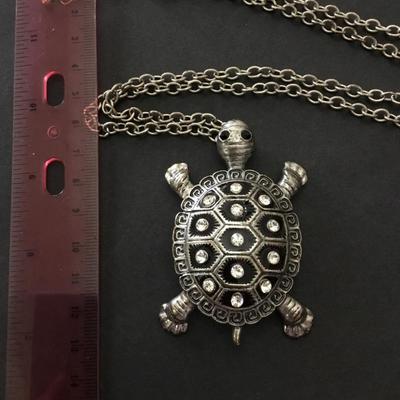 Large vintage, Silver tone, rhinestone turtle statement, necklace