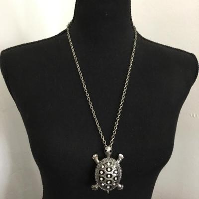Large vintage, Silver tone, rhinestone turtle statement, necklace