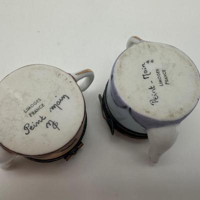 Pair of Limoges France Peint Main Miniature Porcelain Teapots with Hinged Lids