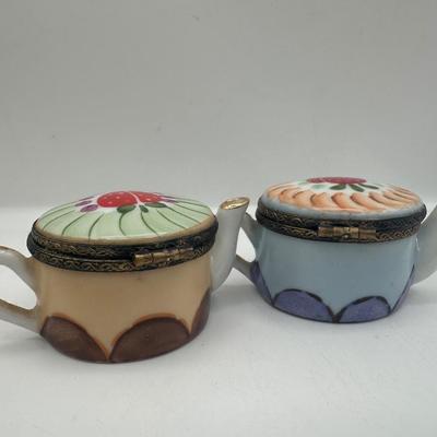 Pair of Limoges France Peint Main Miniature Porcelain Teapots with Hinged Lids