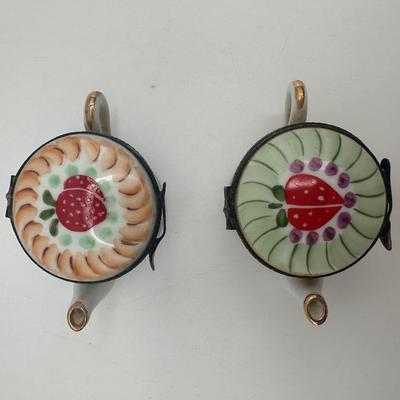 Pair of Limoges France Peint Main Miniature Porcelain Teapots with Hinged Lids