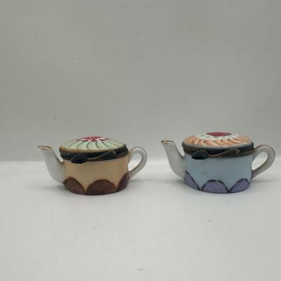 Pair of Limoges France Peint Main Miniature Porcelain Teapots with Hinged Lids