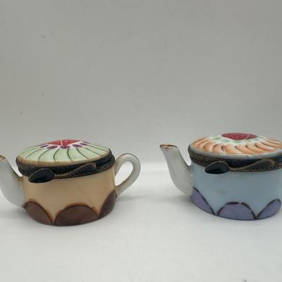 Pair of Limoges France Peint Main Miniature Porcelain Teapots with Hinged Lids