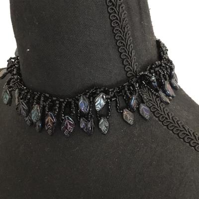 Unique, rare, vintage, black glass, cebid and glass, rainbow glass, leaf charms, choker necklace