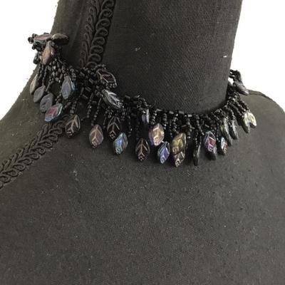 Unique, rare, vintage, black glass, cebid and glass, rainbow glass, leaf charms, choker necklace