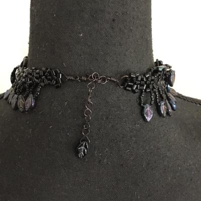 Unique, rare, vintage, black glass, cebid and glass, rainbow glass, leaf charms, choker necklace