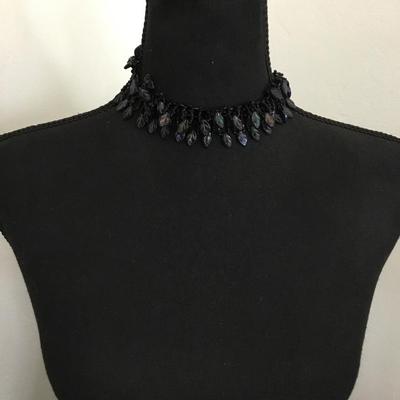 Unique, rare, vintage, black glass, cebid and glass, rainbow glass, leaf charms, choker necklace