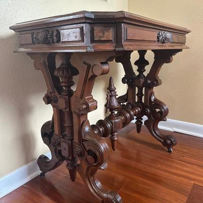 Victorian Marble-Top Console Table with Carved Base