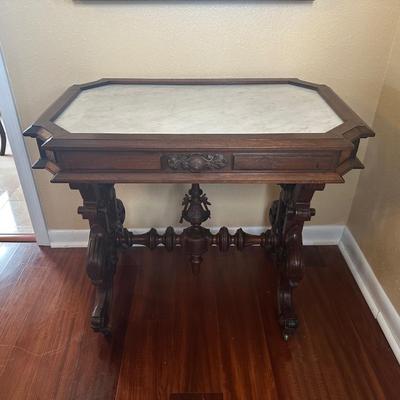 Victorian Marble-Top Console Table with Carved Base