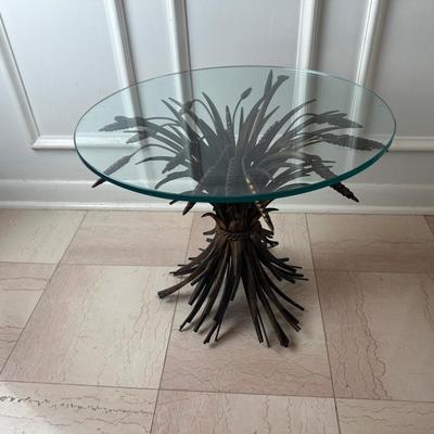 Vintage Wheat Sheaf Metal Pedestal Table with Glass Top