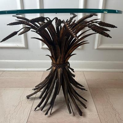 Vintage Wheat Sheaf Metal Pedestal Table with Glass Top
