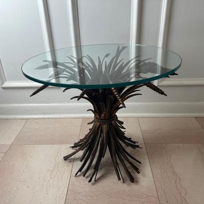 Vintage Wheat Sheaf Metal Pedestal Table with Glass Top