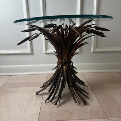 Vintage Wheat Sheaf Metal Pedestal Table with Glass Top