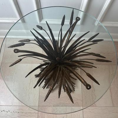 Vintage Wheat Sheaf Metal Pedestal Table with Glass Top