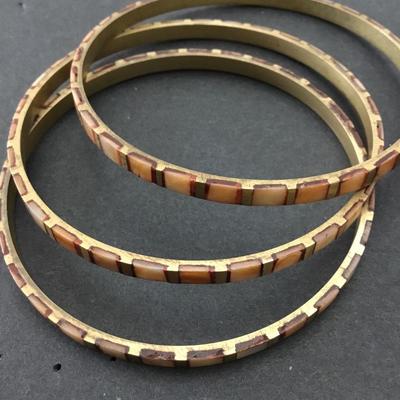 Set of three vintage brass Shell in Lay, bangle bracelets