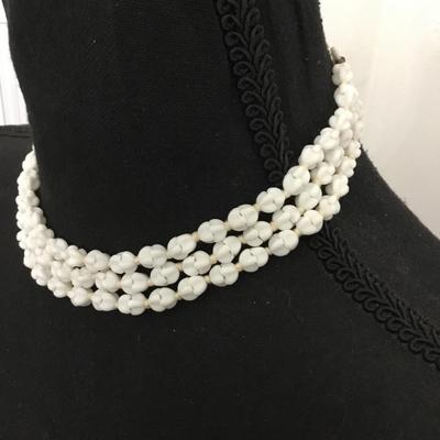 Beautiful vintage west Germany white milk, glass, three strand choker statement necklace