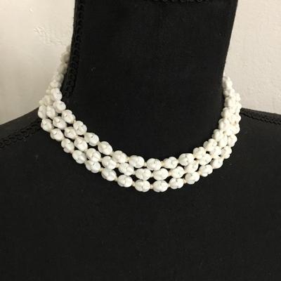 Beautiful vintage west Germany white milk, glass, three strand choker statement necklace