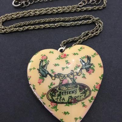 Rare betsey Johnson’s tea party, pink rose cake, wings floral, heart locket necklace