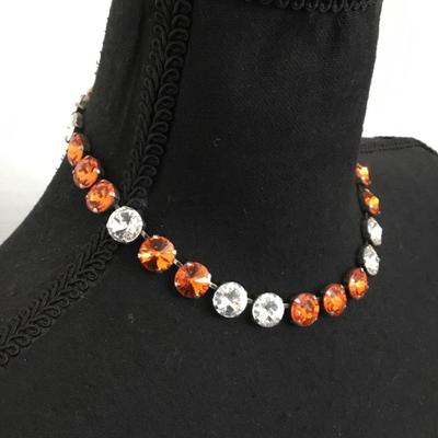 Gorgeous, vintage, silver toned, Orange & crystal rhinestone necklace